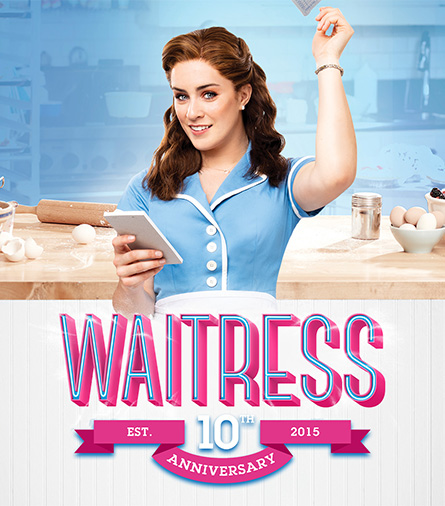 Artwork for “Waitress.” A woman in a blue diner uniform holds a notepad, standing in a kitchen setting. Text reads “10th Anniversary Est. 2016” with baking items nearby. 