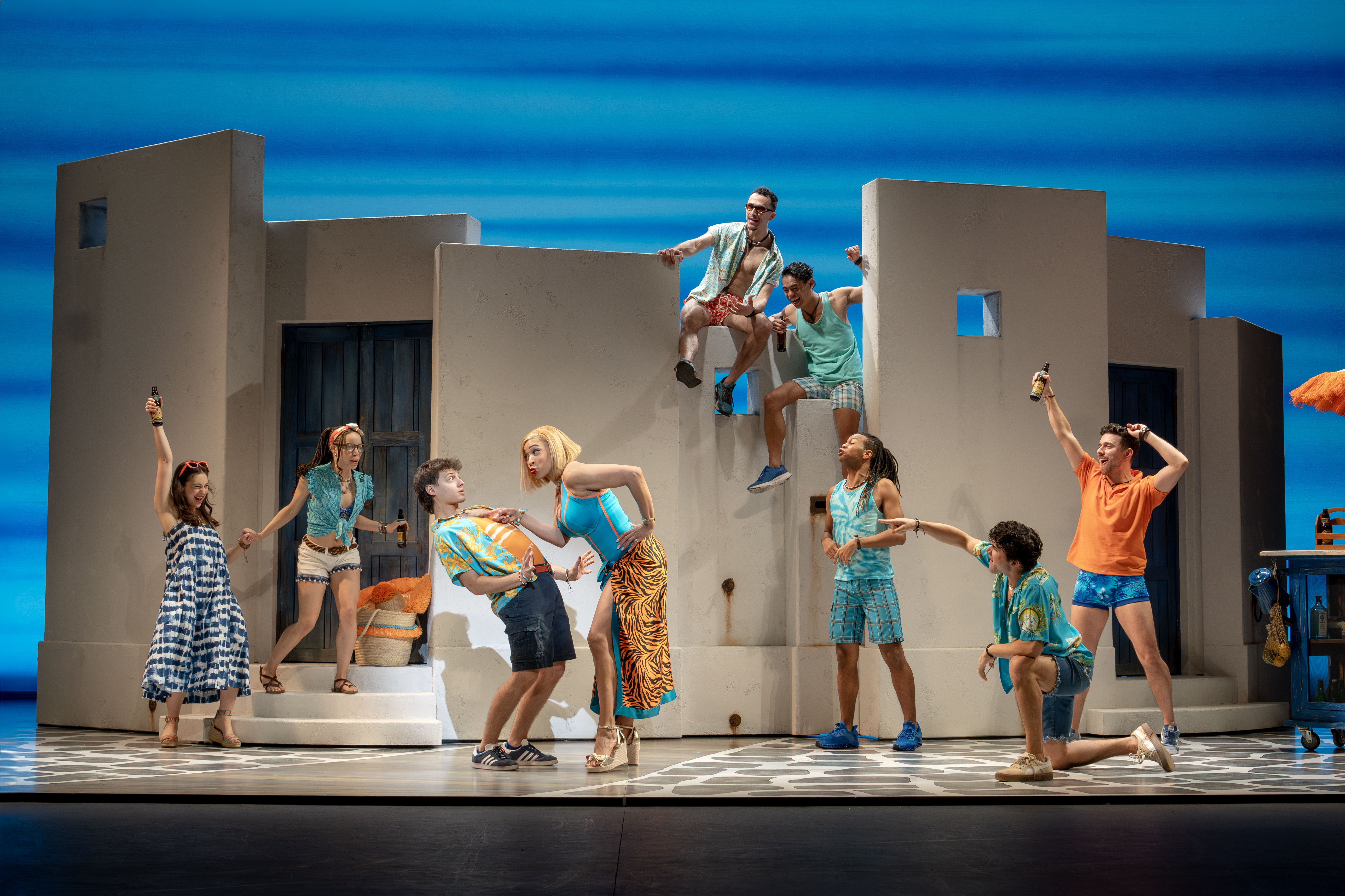 Dominic Young (Pepper), Jalynn Steele (Tanya) and the Company of the MAMMA MIA! 25th Anniversary Tour. Photo by Joan Marcus.